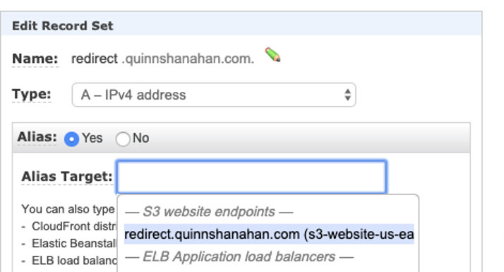 Route 53 config for redirect.quinnshanahan.com